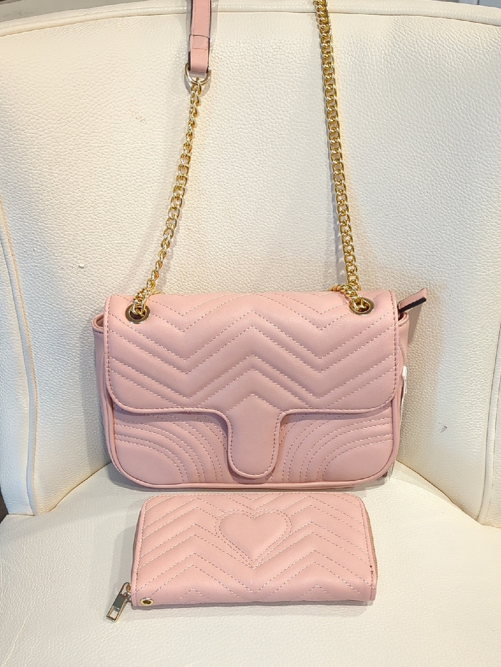 Pink Quilted Chain Shoulder Bag and Wallet - Feminine Everyday Set